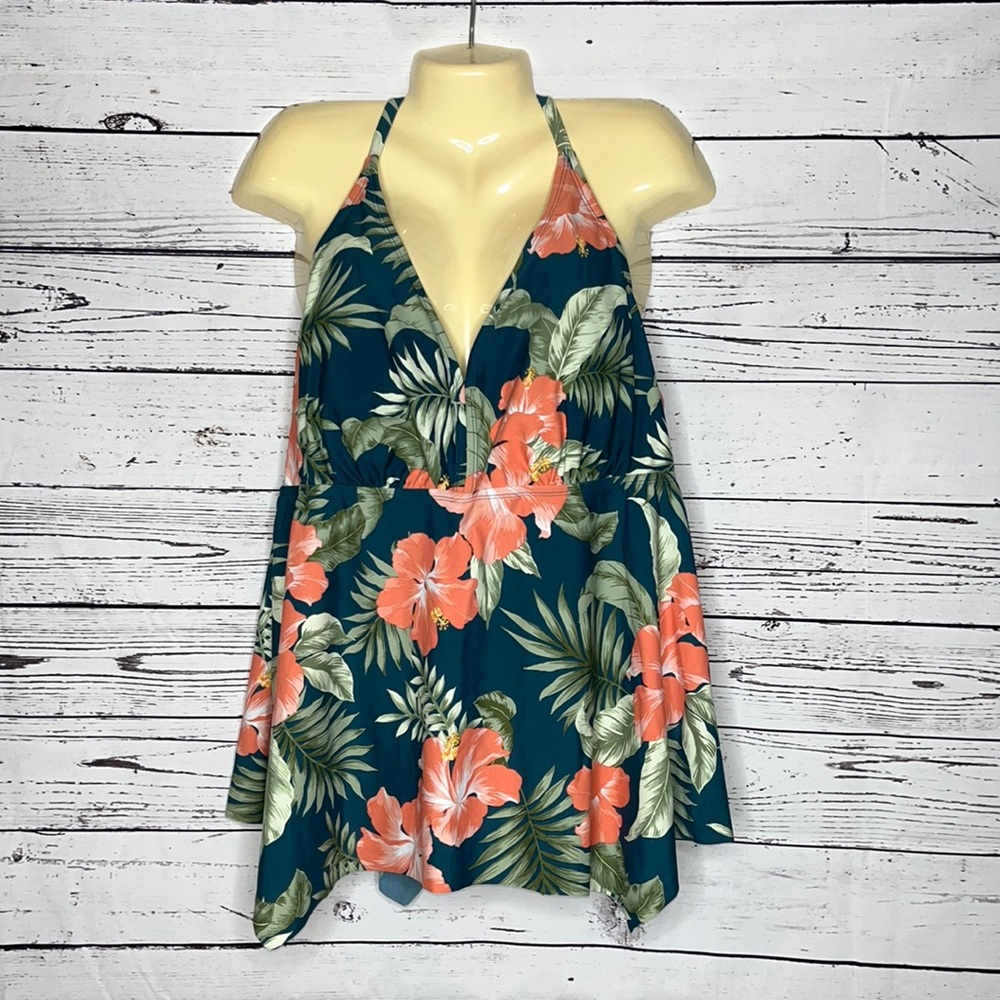 Kona Sol Teal Floral Halter Swim Top with Coral Hibiscus